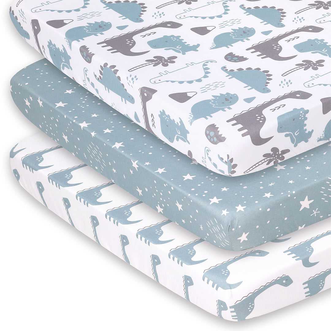 Blue Dino Fitted Playard Sheets, 3-Pack