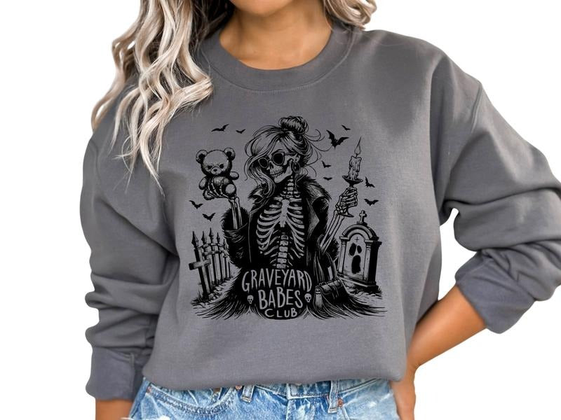 Graveyard Babes Club Halloween Crewneck Sweatshirt, Comfortable Unisex Sizing Hoodie, Nurse Halloween Sweatshirt, Skull, Cotton Skeleton Pullover Sweatshirt