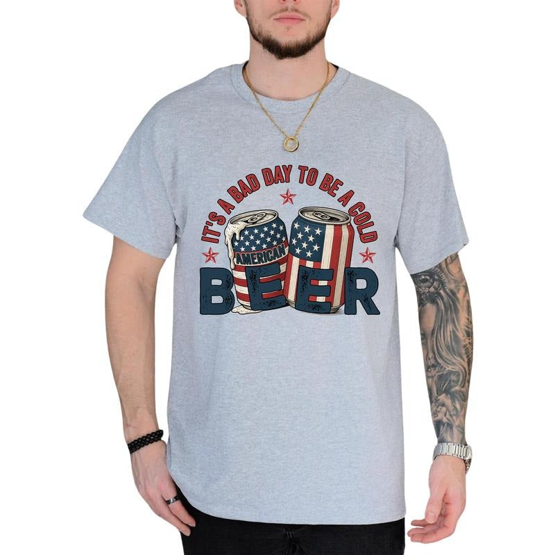 MAPTEES It's A Bad Day To Be A Cold Beer Graphic Tee, Funny 4th of July T-shirt For Men, American Flag Shirt, Patriotic Drinking Men Tee